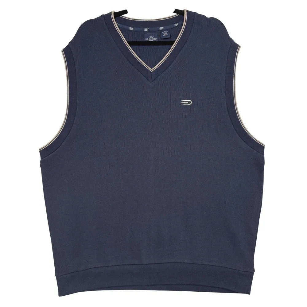 Dockers XL Sweater Vest Navy Blue Golf Cotton V-Neck Sleeveless Pullover Preppy‎